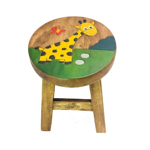 Childrens Wooden Stool Novelty Giraffe Design Kids Stool Step Chair Fair Trade Hand Made And Carved Solid Wood Boys or Girls 26x26cm
