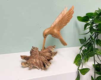 Wooden Carved Hummingbird in Parasite Flower Ornament Natural Carving Fair Trade Home Decor