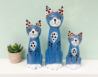 Blue Wooden Cat Ornaments - Set of Three Statue - Hand Carved and Painted Wood Figurine Decor Gift Fairtrade