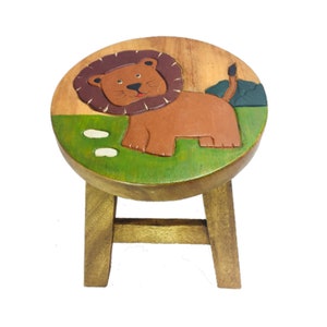 Childrens Wooden Stool Novelty Lion Design Kids Stool Step Chair Fair Trade Hand Made Hand Carved Solid Wood Boys or Girls 26x26cm STL-03
