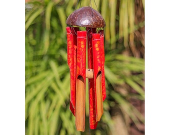 Red Bamboo Windchime Handmade Coconut Bamboo Garden Wind chime Hanging Accessory decor - 30 cm