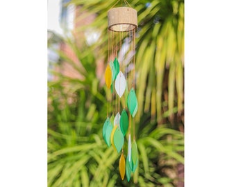 Glass Wind Chime Mobile Hand Made Falling Green Leaf Leaves Windchime Spiral Garden Gift
