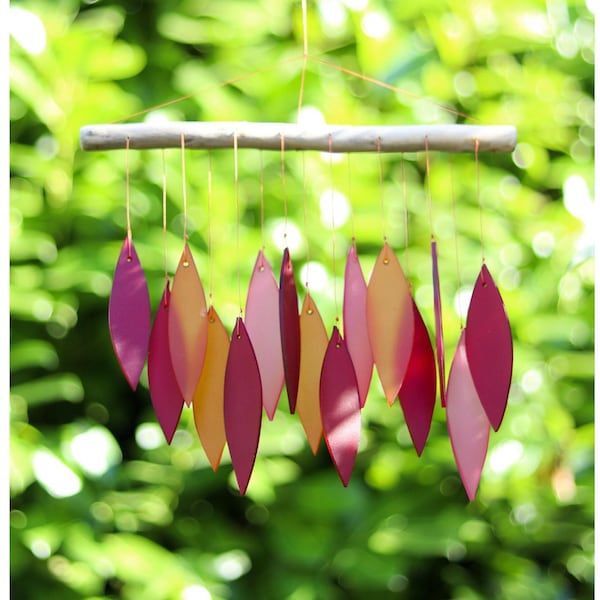 Small Glass Wind Chime Red, Maroon Leaves Windchime Garden Art Window Home Decor Mobile Suncatcher Fair Trade Gift