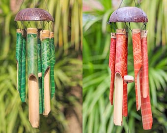 Bamboo and Coconut Shell Wind Chime Red or Green Fair Trade - Various Sizes, Garden