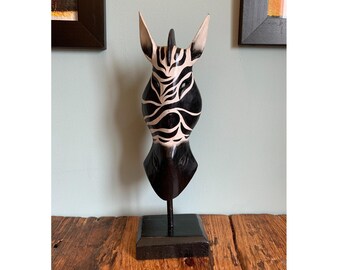 Wild Zebra Mask Natural on Plinth Wooden Hand Carved Art Fair Trade Hand Painted Jungle Animal African Safari Masks 2 Sizes