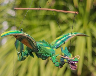 Bamboo Flying Dragon Nodding Head in Green - Natural Bamboo And Coconut Shell Hand Carved Fair Trade