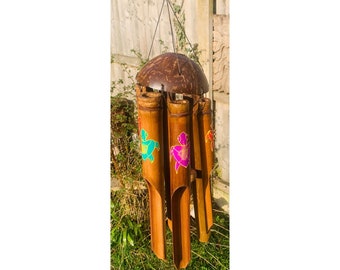 Turtle Design Bamboo Wind Chime Natural Bamboo & Coconut Shell Fair Trade - Two Sizes - 30cm or 50cm