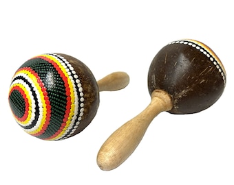Maracas Dot Painted Design Musical Percussion Instrument Wooden Hand Carved Fair Trade Animal Design