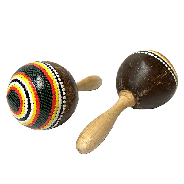 Maracas Dot Painted Design Musical Percussion Instrument Wooden Hand Carved Fair Trade Animal Design