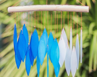 Glass Wind Chime Blue and White Nautical  Leaves Windchime Garden Art Window Home Decor Mobile Suncatcher Fair Trade Gift