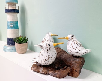 Wooden Carved Seagulls on Wood Root Base - Statue Sculpture White Hand Carved Decorative Nautical Beach Theme Carving