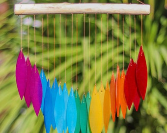 Glass Wind Chime Multicoloured Leaves Windchime Garden Art Home Decor Mobile Fair Trade Rainbow