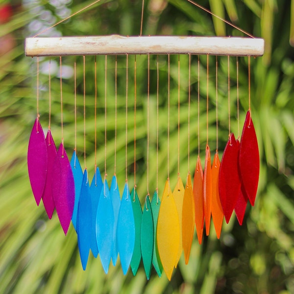 Glass Wind Chime Multicoloured Leaves Windchime Garden Art Home Decor Mobile Fair Trade Rainbow