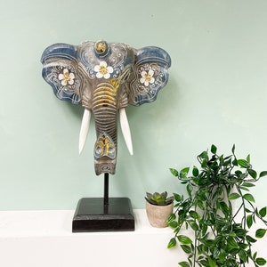 Blue, Grey and Gold Elephant Mask on Plinth Wooden Hand Carved Art Fair Trade Hand Painted Animal African Safari Masks 2 Sizes