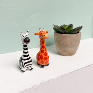 Mini Zebra and Giraffe Statues Pair - Wooden Hand Carved Hand painted Decorative Animal Figurine Wooden Safari Figure statue - 7 cm