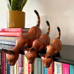 Wooden Shelf Cat Statue - Multicoloured Wood - Handmade Animal Figurine