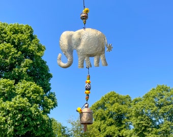 Elephants Iron Wind Chime with Multicoloured Glass Beads