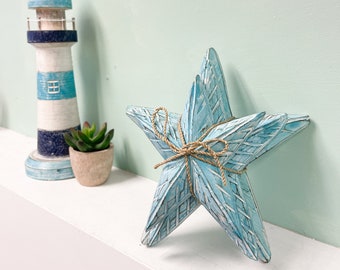 Set of 3 Wooden Carved Starfish Ornaments - Fair Trade Nautical Sculpture Statue Beach House Hand-Painted Bird Coastal Beach Theme Seaside