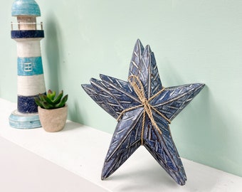 Set of 3 Wooden Carved Starfish Ornaments - Fair Trade Nautical Sculpture Statue Beach House Hand-Painted Bird Coastal Beach Theme Seaside