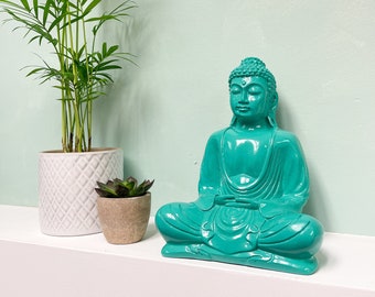 Turquoise Buddha Ornament Meditating Sitting Figure Statue Figurine Turquoise Gloss Finish Trendy Quirky Ornament Fair Trade Buddhism Blue
