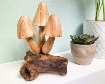 Wooden Carved Mushroom Ornament Three Mushrooms Wood Carving Fair Trade Toadstools Fungi Parasite Wood