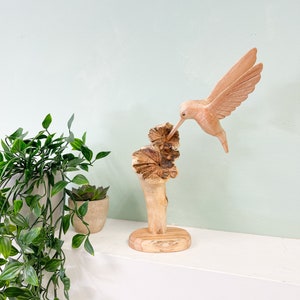 Wooden Hummingbird on Parasite Wood Branch Statue Handmade Wooden Animal Figurine Wooden Carving Home Decor Carved Bird Ornament