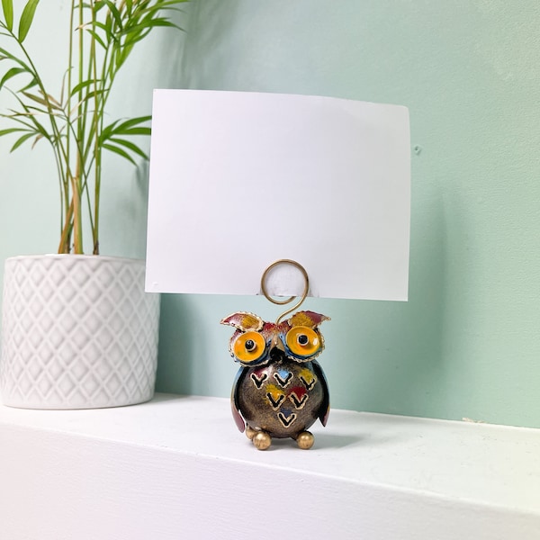 Owl Photo Holder - Multicoloured Rainbow Metal - Handmade Photo Clip Stand