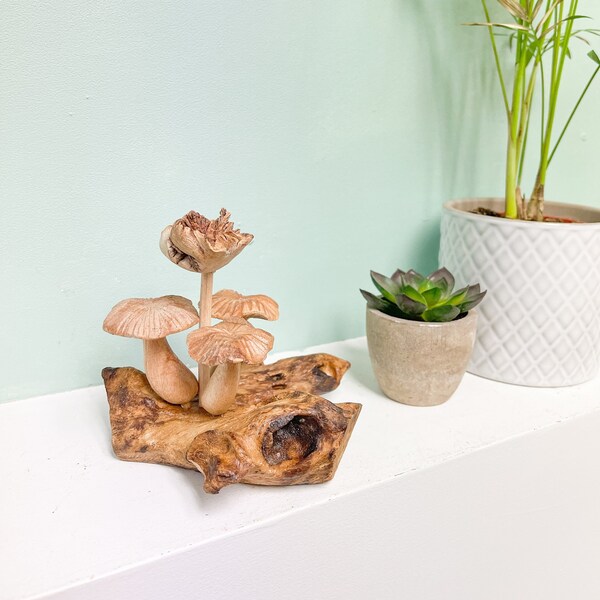 Wooden Carved Mushroom Ornament Three Mushrooms Wood Carving Fair Trade Toadstools Fungi Parasite Wood