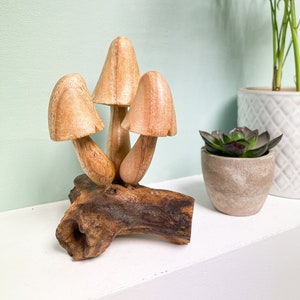 Wooden Carved Mushroom Ornament Three Mushrooms Wood Carving Fair Trade Toadstools Fungi Parasite Wood