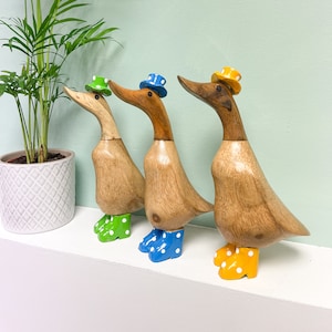 Hand Carved Duck Ornament Wellies and Hat Green Yellow Or Blue Indoor Or Outdoor Wooden Fair Trade Bamboo Root Sculpture Spotty Boots