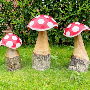 Wooden Carved Mushrooms Set of 3 - Garden Outdoor Decor Wood Handmade Statue Sculpture Ornament Natural Red and White