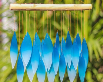 Glass Wind Chime Blue and White Leaves Mirage Windchime Garden Art Window Home Decor Mobile Suncatcher Fair Trade Gift