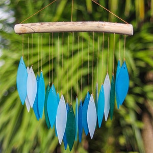 Glass Wind Chime Nautical Blue & White Leaves Windchime Garden Art Home Decor Mobile Fair Trade Gift