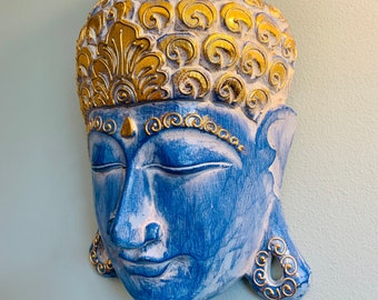 Buddha Head Mask Wooden Hanging Statue Figurine Blue Ornament Fair Trade
