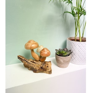 Wooden Carved Mushroom Ornament Three Mushrooms Wood Carving Fair Trade Toadstools Fungi Parasite Wood
