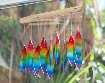 Glass Wind Chime Multicolours Leaves Windchime Garden Art Window Home Decor Mobile Suncatcher Fair Trade Gift Rainbow