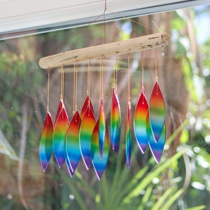 Glass Wind Chime Multicolours Leaves Windchime Garden Art Window Home Decor Mobile Suncatcher Fair Trade Gift Rainbow