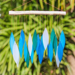 Glass Wind Chime Nautical Blue Leaves Windchime Garden Art Window Home Decor Mobile Suncatcher Fair Trade Gift