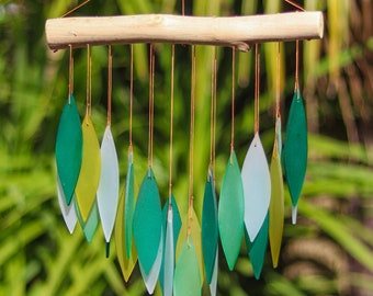 Glass Wind Chime Green Leaves Windchime Garden Art Home Decor Mobile Fair Trade Gift