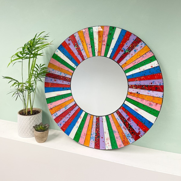 Round Mosaic Multicoloured Stripe Mirror - Handmade Rainbow Wall Mounted Décor Circle Statement Piece Entryway Hallway Bathroom