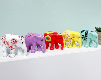 Painted Elephant Statues Ornaments Multicoloured Flower Design Resin Hand Made Traditional African Safari Animals Figures Fairtrade Rainbow