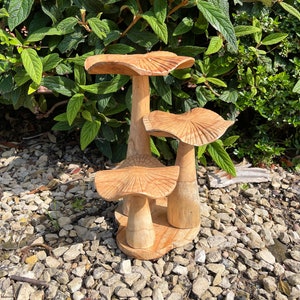 Wooden Carved Mushrooms on Base - Garden Outdoor Decor Wood Handmade Statue Sculpture Ornament