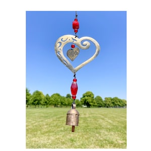 Heart Iron Wind Chime with Red Glass Beads