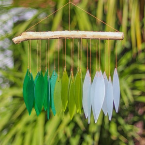 Glass Wind Chime Green and White Leaves Windchime Garden Art Window Home Decor Mobile Suncatcher Fair Trade Gift