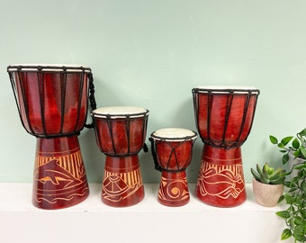 Djembe Drums Various Sizes Instrument Hand Made Fair Trade Hand Carved Animals Tribal Musical Instruments Handheld Drums