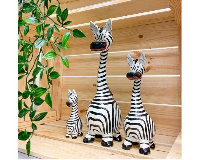 Wooden Zebra Statue - Black and White Wood Hand Carved Decorative Animal Figurine Wood Carving Decor Safari Zoo Figure Ornament Print