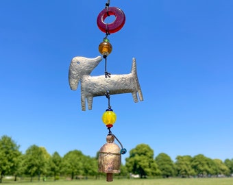 Sausage Dog Dachshund Iron Wind Chime with Multicoloured Rainbow Glass Beads Garden Outdoors Hanging Decor