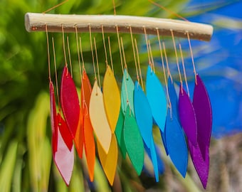 Glass Wind Chime Multicolours Leaves Windchime Garden Art Window Home Decor Mobile Suncatcher Fair Trade Gift Rainbow
