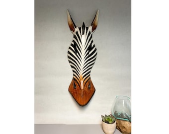 Zebra Mask Wooden Hand Carved Wall Hanging Art Fair Trade Hand Painted Varnished Glossy Jungle Animal African Safari Masks