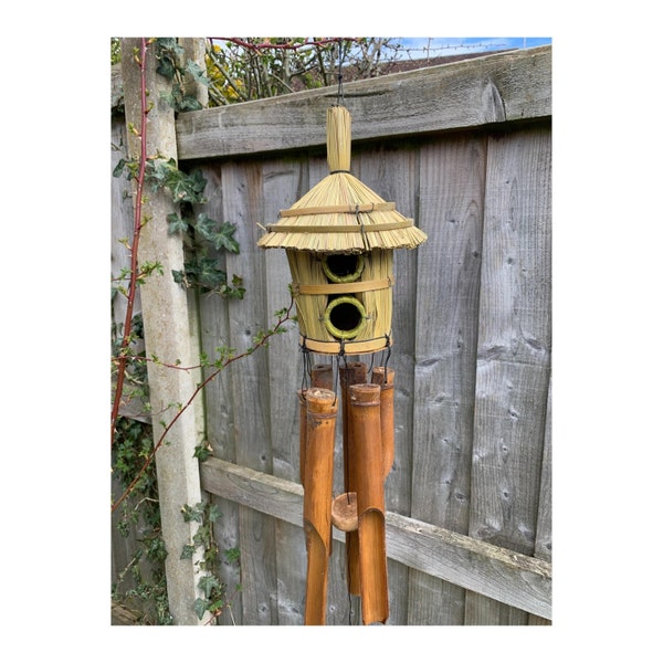 Bamboo Windchime & Bird House Straw Ideal For Garden Birds Musical Chimes Recycled Eco Friendly Fair Trade